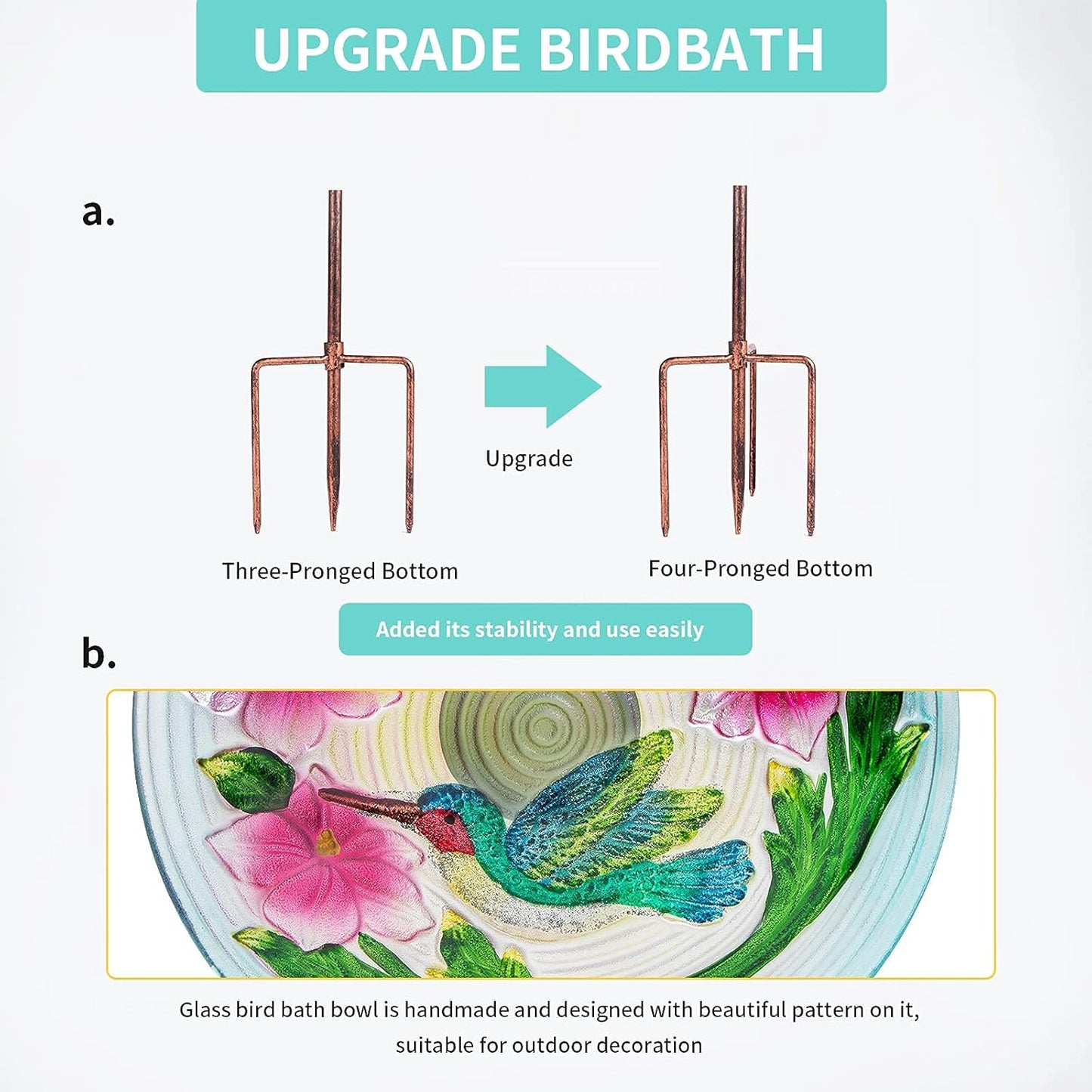 MUMTOP Glass Bird Bath, Garden Outdoor Birdbaths Birdfeeder with Metal