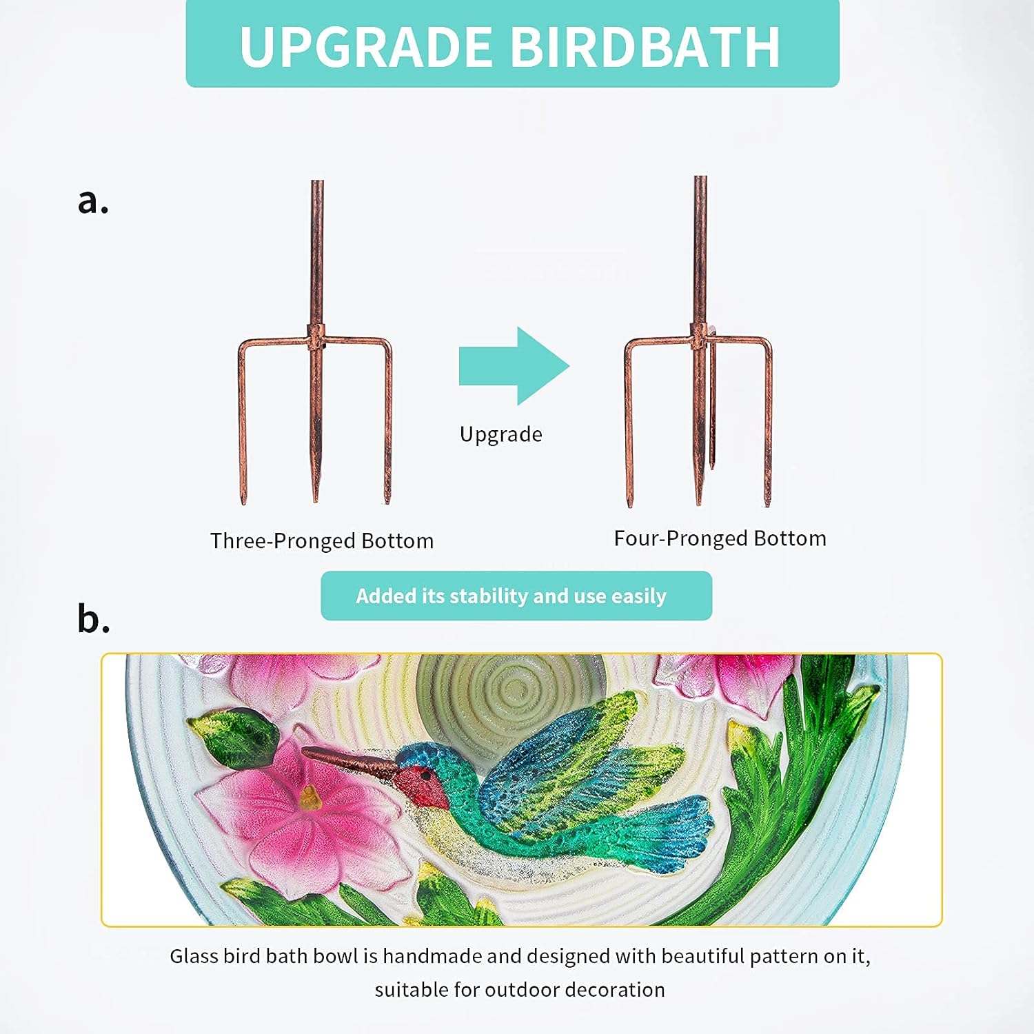 MUMTOP Glass Bird Bath, Garden Outdoor Birdbaths Birdfeeder with Metal