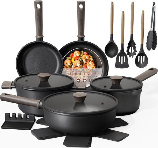 Astercook Non Stick Pots and Pans Set, Healthy Non-Toxic Titanium Indu