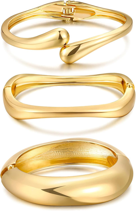 Chunky Gold Bangle Bracelets for Women, Dainty 14k Gold Plated Big Sta