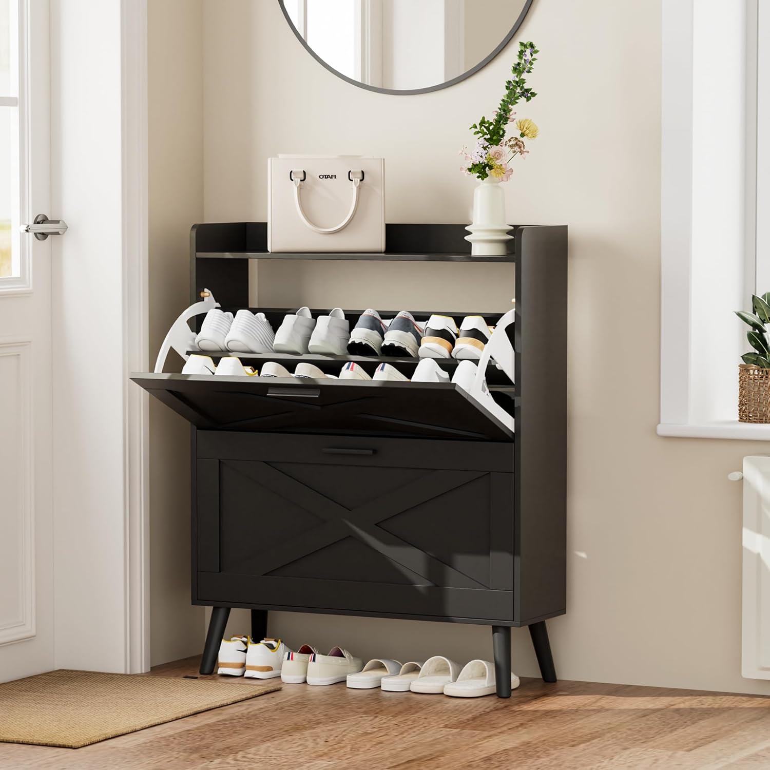 32" W Farmhouse Shoe Storage Cabinet with 2 Flip Drawers and Barn Door