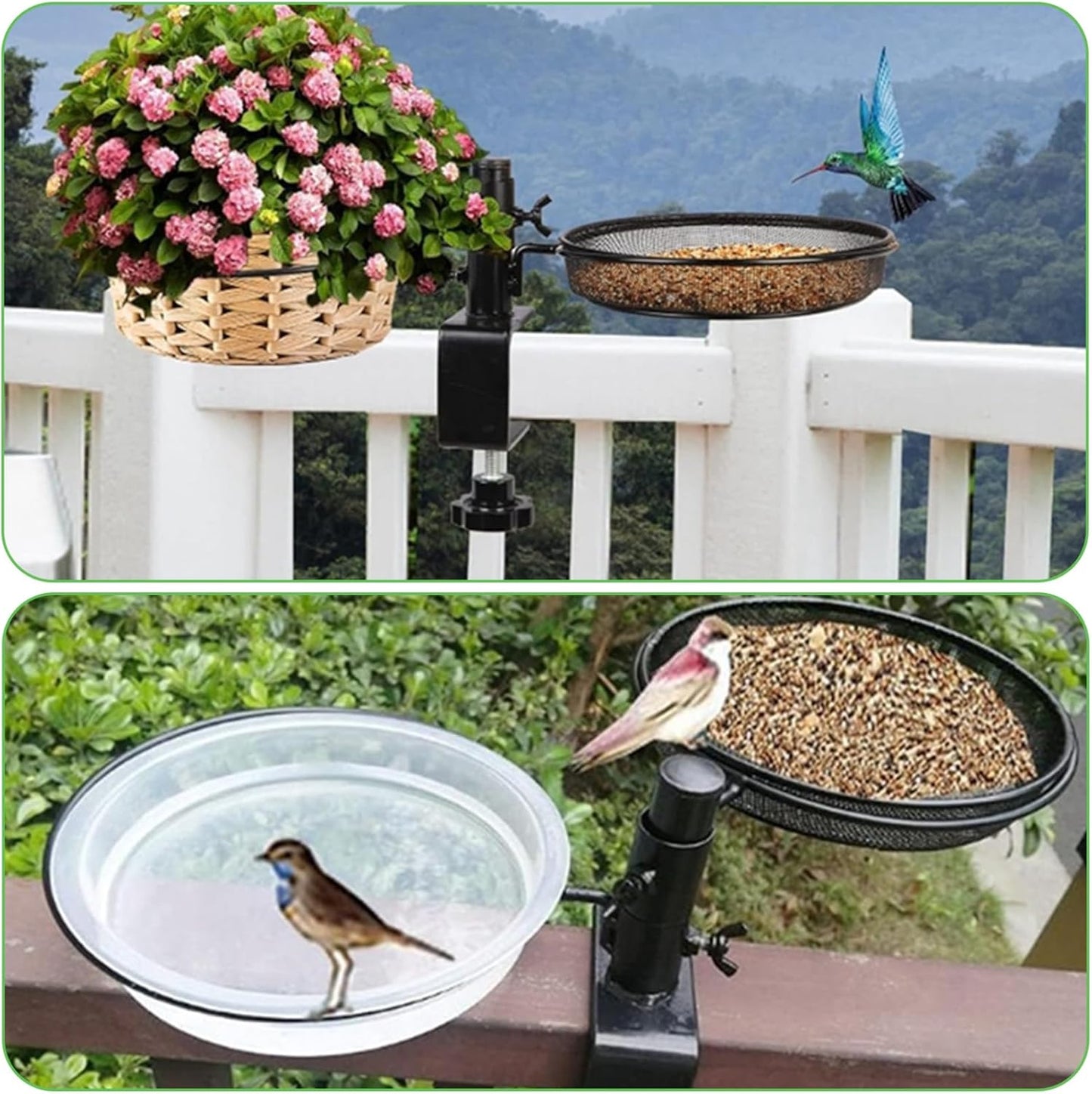 Deck Bird Feeder Balcony Bird Feeder, 360° Rotatable 2-Layer Deck Bird Feeder, Heavy Duty Metal Fence Bird Feeder, Detachable Bird Bath and Feeder for Max 2 Inch Railing