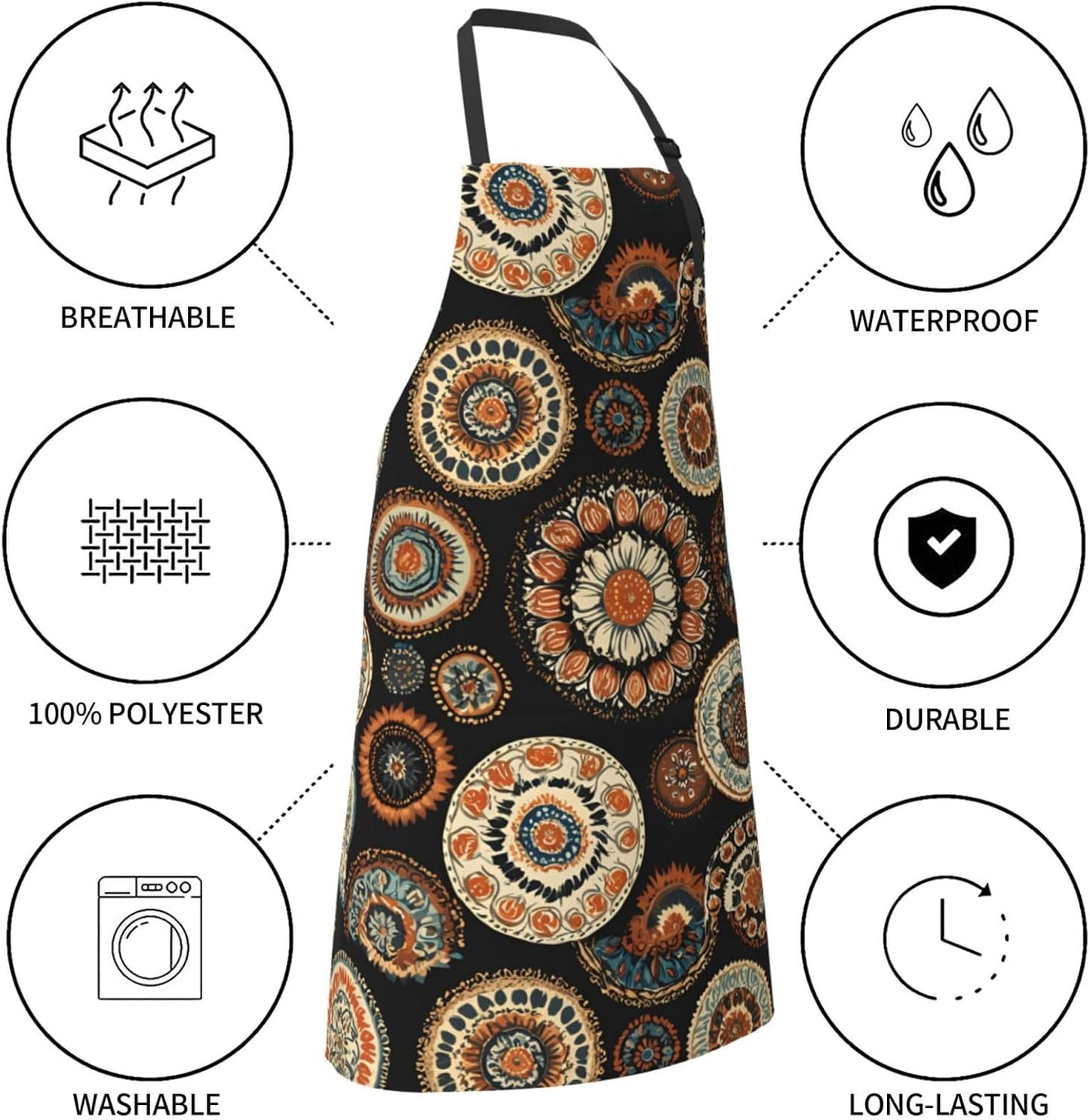 YANYU Ethnic Circles Floral Pattern Print 28x33 In Kitchen Apron Stylish Chef Apron with Pockets for Cooking Baking Painting