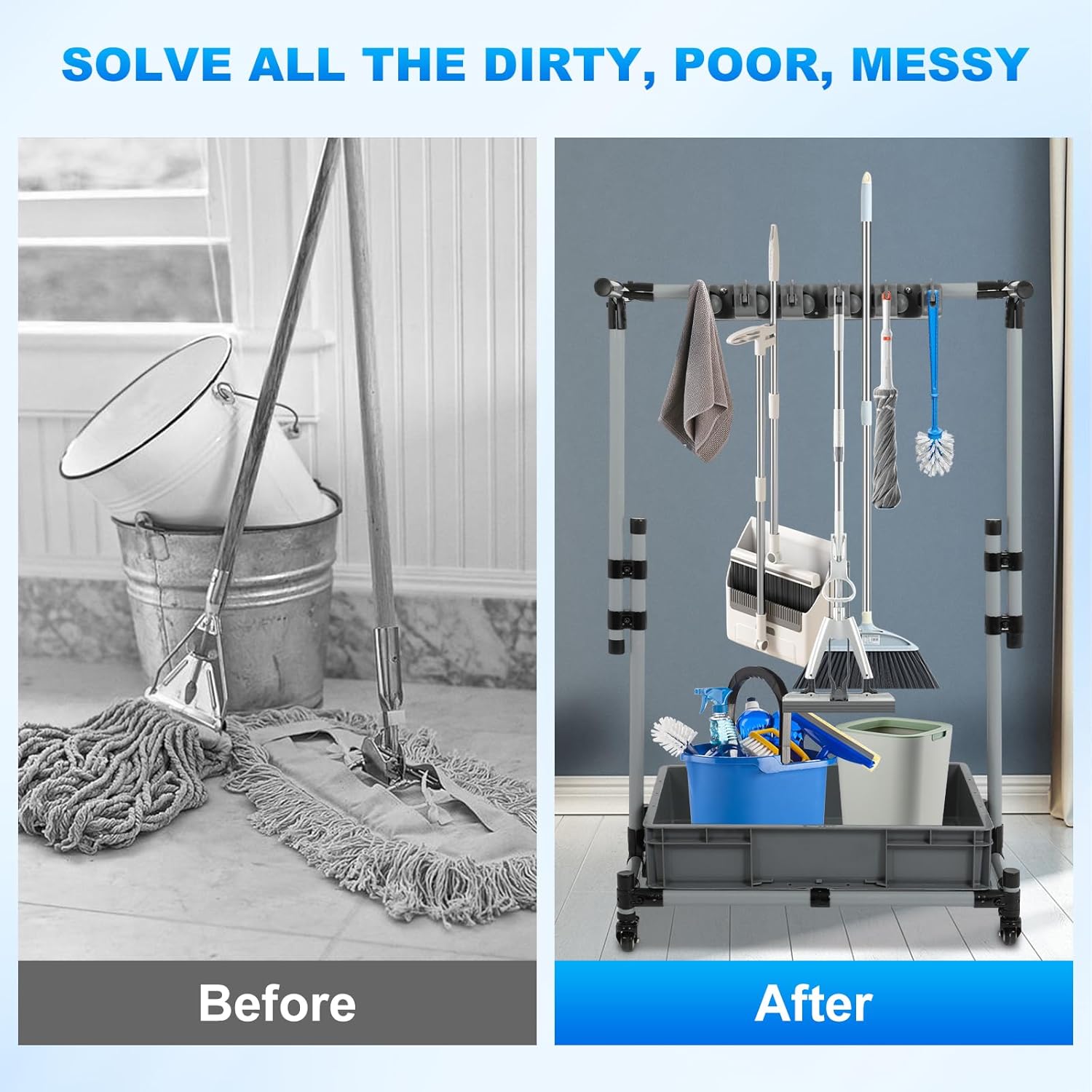 Broom and Mop Holder Freestanding Mobile Cleaning Tool Storage Rack,Fl