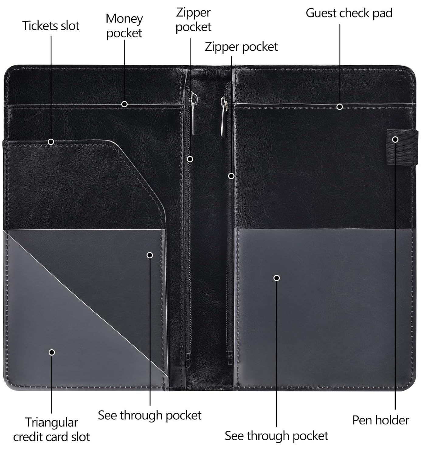 Server Books for Waitress - Leather Waiter Book Server Wallet with Zipper Pocket, Cute Waitstaff Organizer with Money Pocket Fit Waitress Apron（Classic Black）
