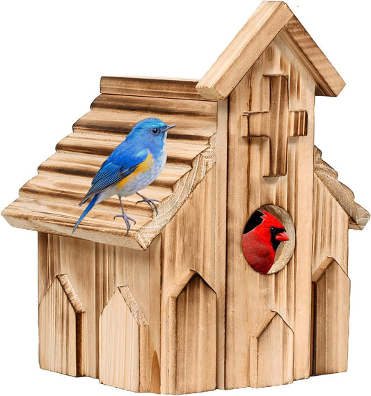 Church-Shaped Wooden Birdhouses, Cross Design Bird Houses for Outside, Hanging Birdhouse for Bluebird, Robin, Cardinal, Sparrow, and Finch, Bird Nesting Box for Outdoor Garden Decoration