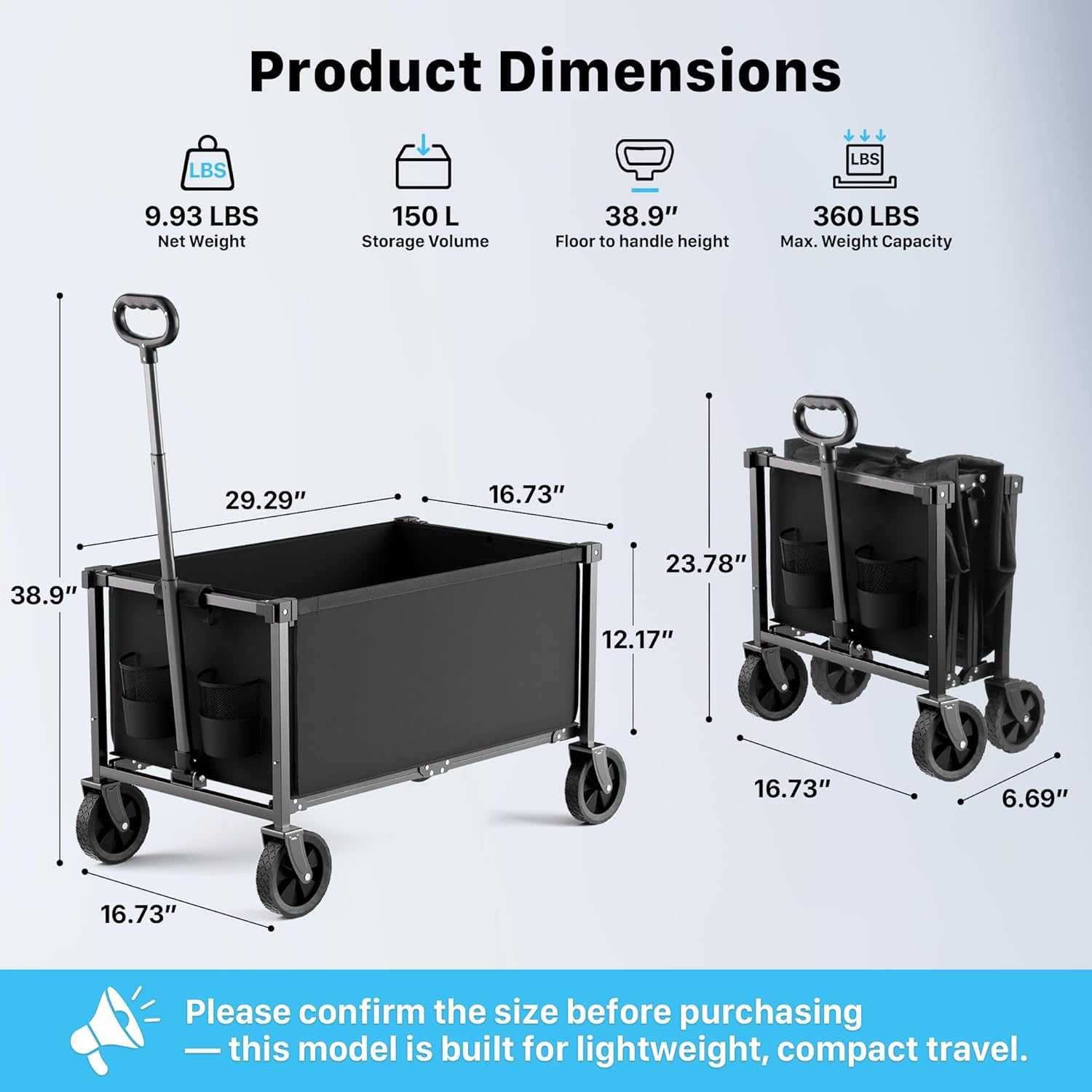 Collapsible Wagon Cart with Wheels, 150L Lightweight Foldable Utility 