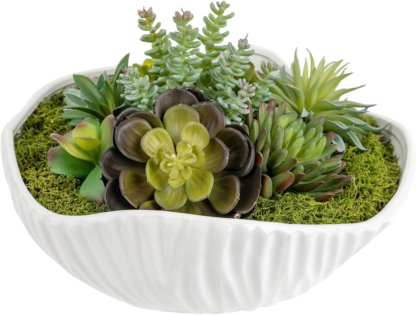 White Ceramic Flower Pot with Realistic Succulent Plants and Moss for Interior (Gary)