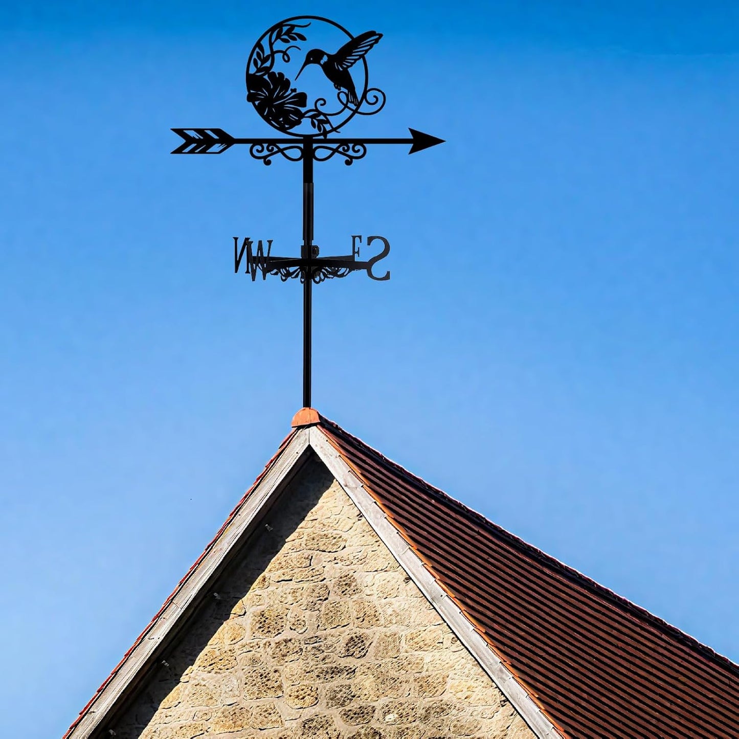 Hummingbird Weather Vane Outdoor Garden Wind Vane Black Bird Flower Pattern Iron Decorative Weathercock Wind Direction Indicator Tool for Farmhouse Sheds Yard Home Decoration 10.4 x 14 Inch