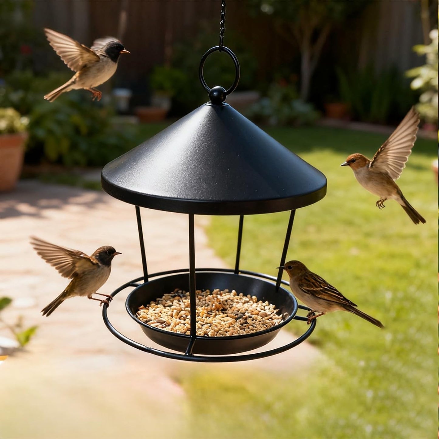 Easy Installation Iron Hanging Bird Feeder with Ornamental Circles for Garden Decoration Weatherproof Large Capacity Bird Feeder