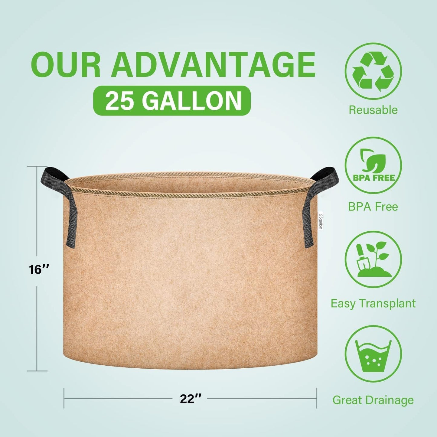 iPower 5-Pack 25 Gallon Plant Grow Bags Thickened Nonwoven Aeration Fabric Pots Heavy Duty Durable Container, Strap Handles for Garden, Tan