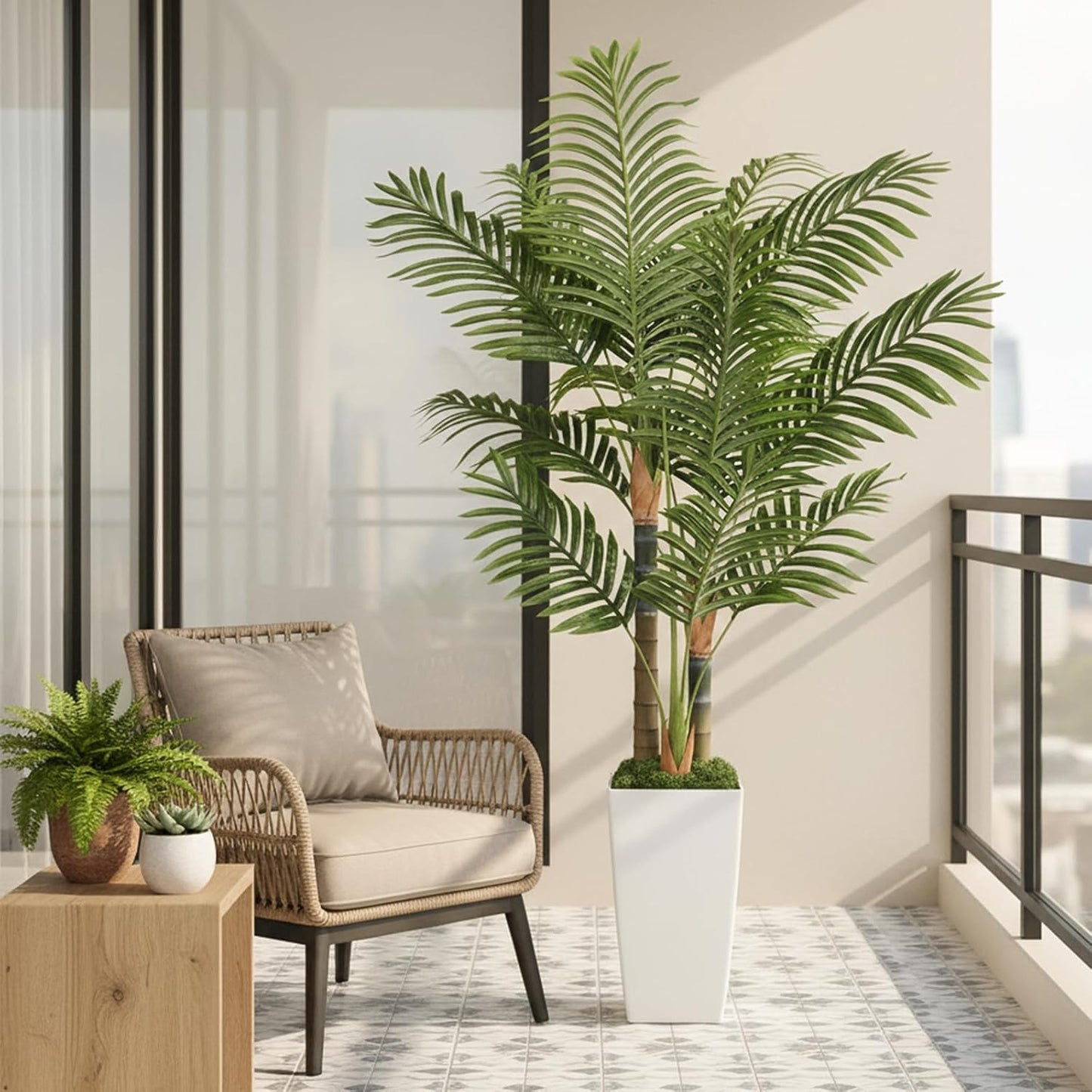 5ft Artificial Palm Tree Indoor Plant with White Tall Planter, Faux Silk Tropical Areca Floor Plant in Pot, Artificial Plants with Lifelike Leaves for Home Office Decor
