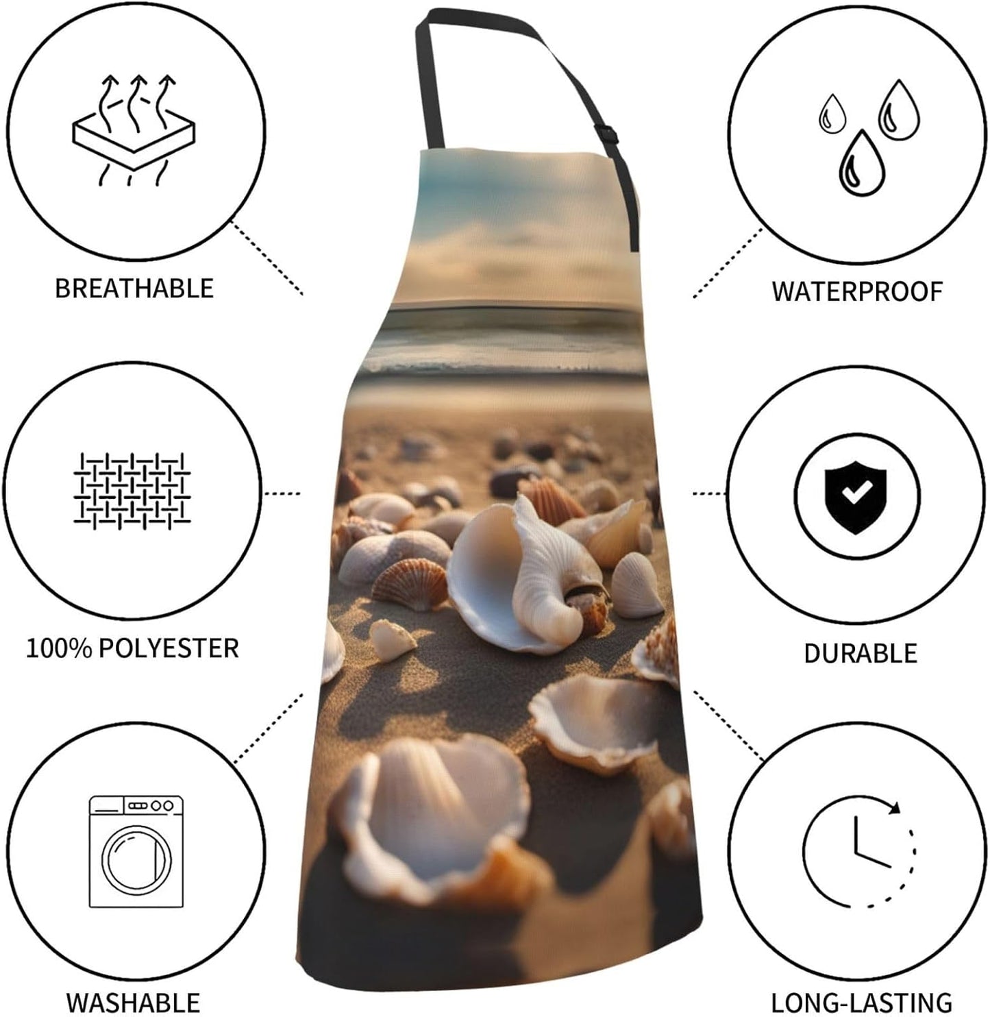Seashell Landscape On The Beach print Waterproof chef's apron with pocket apron for kitchen cooking baking barbecue and gardening