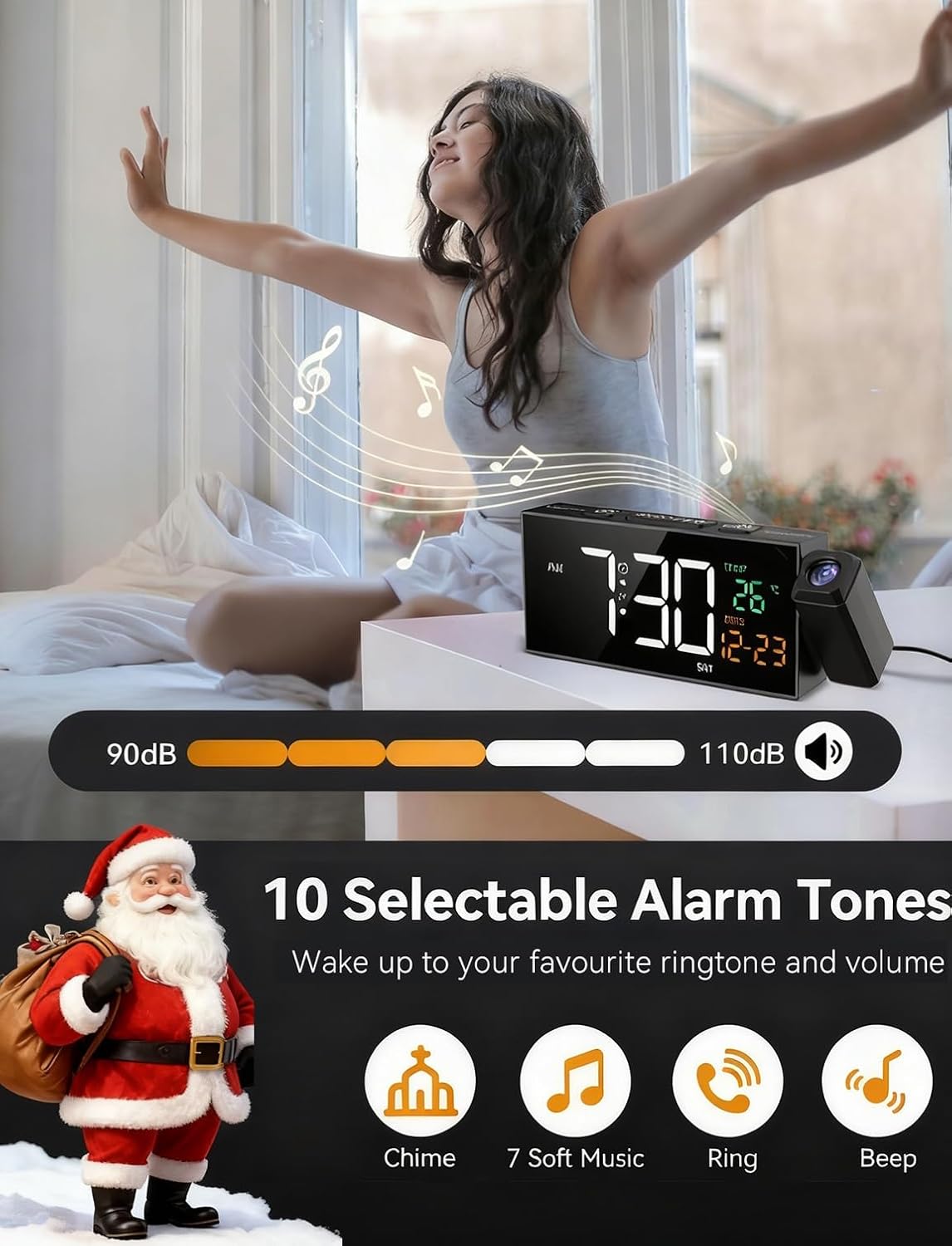 Netzu Projection Clock for Bedroom Ceiling, Alarm Clocks with 180° Rotatable Projector, Date Temperature and Weekday, Manual DST, 5 Brightness, 10 Ringtones, 4 Volumes and Snooze (Black)