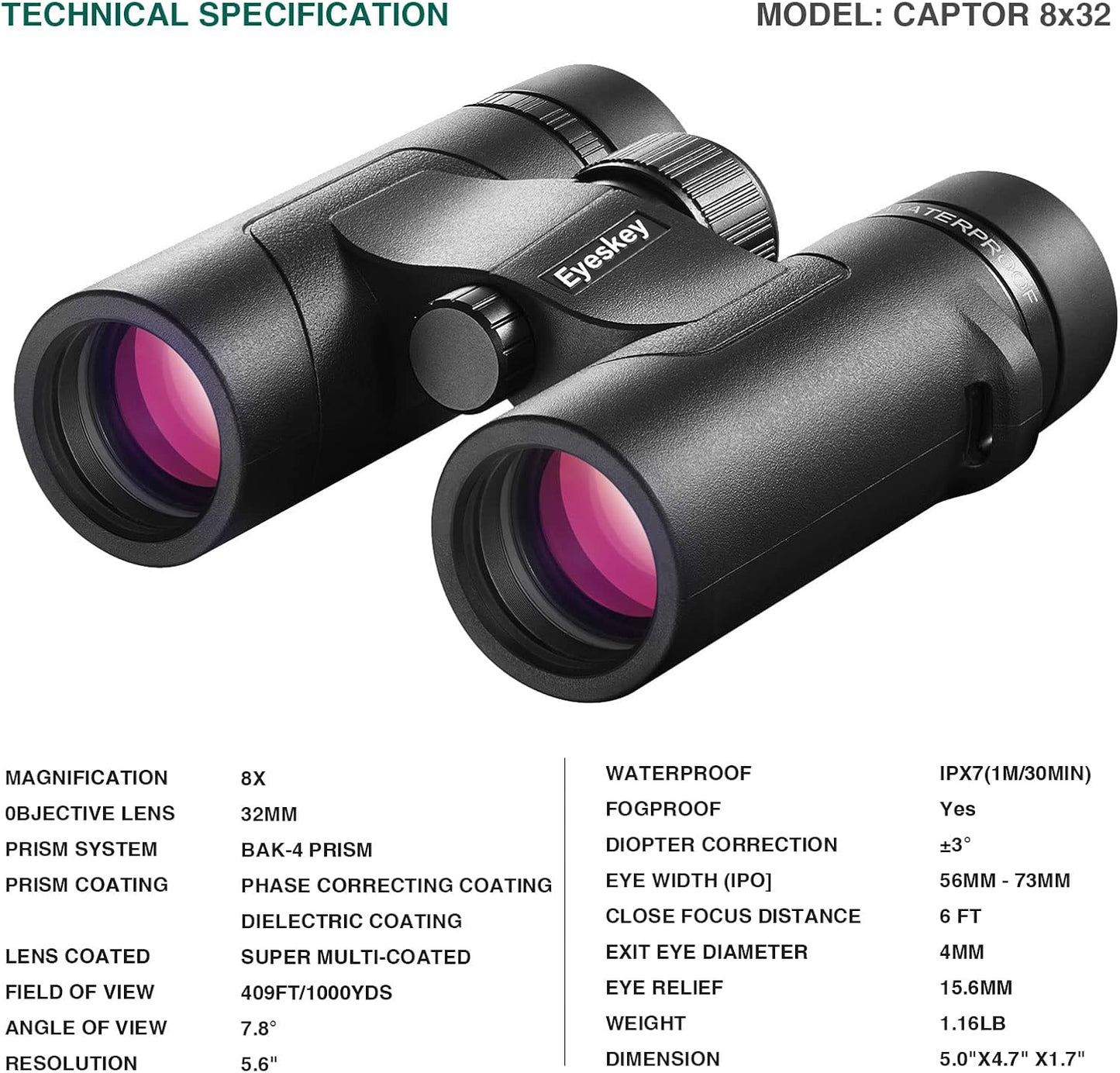 Eyeskey 8x32 ED Binoculars for Adults High Powered, Super Clear and Wide Field of View, Lightweight & Waterproof Binocular, Perfect for Hunting, Bird Watching, Wildlife
