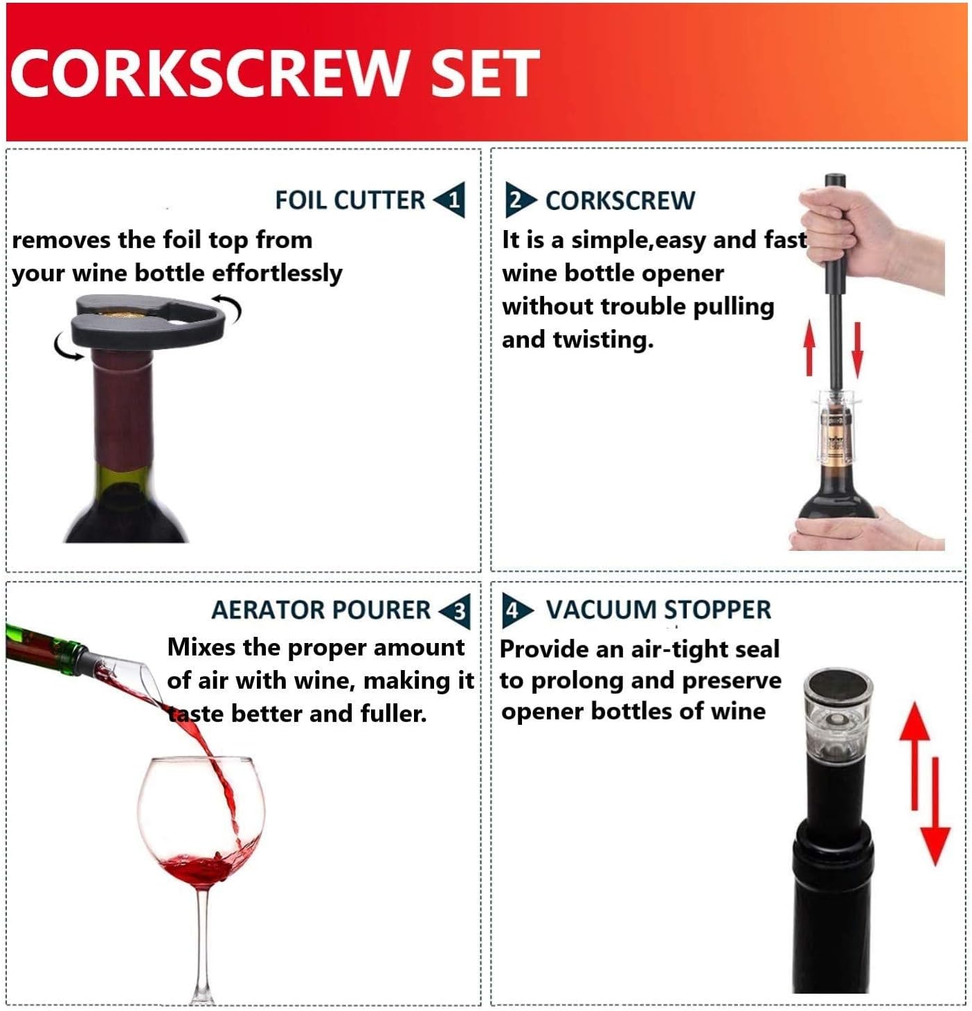 Air Pressure Pump Bottle Opener With Foil Cutter,Aerator Pourer,Vacuum
