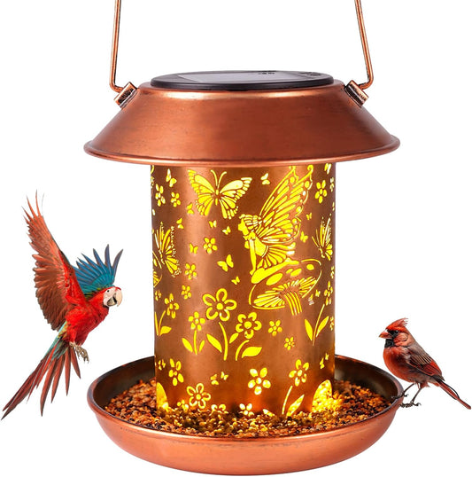 Solar Bird Feeders for Outdoors Hanging Metal Waterproof Outdoor Butterfly Lantern Wild Bird Feeder Weather Resistant Gifts for Women Friends,Yard,Patio,Porch,Balcony