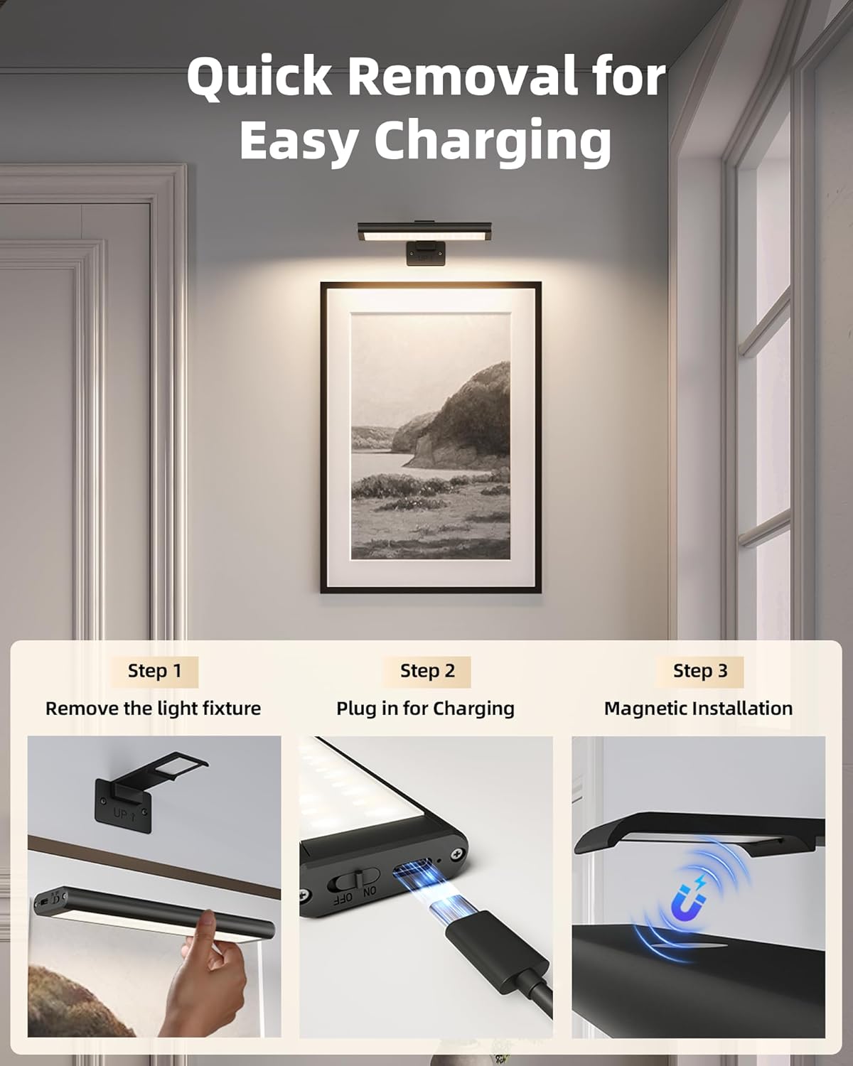 EZVALO Picture Light for Wall, Rechargeable 2400mAh Battery Lights Wireless Remote, 3 Color & Dimmable Magnetic 7.8'' LED Lights Display for Painting, Living Room, Gallery, Bedroom(Black-3P)