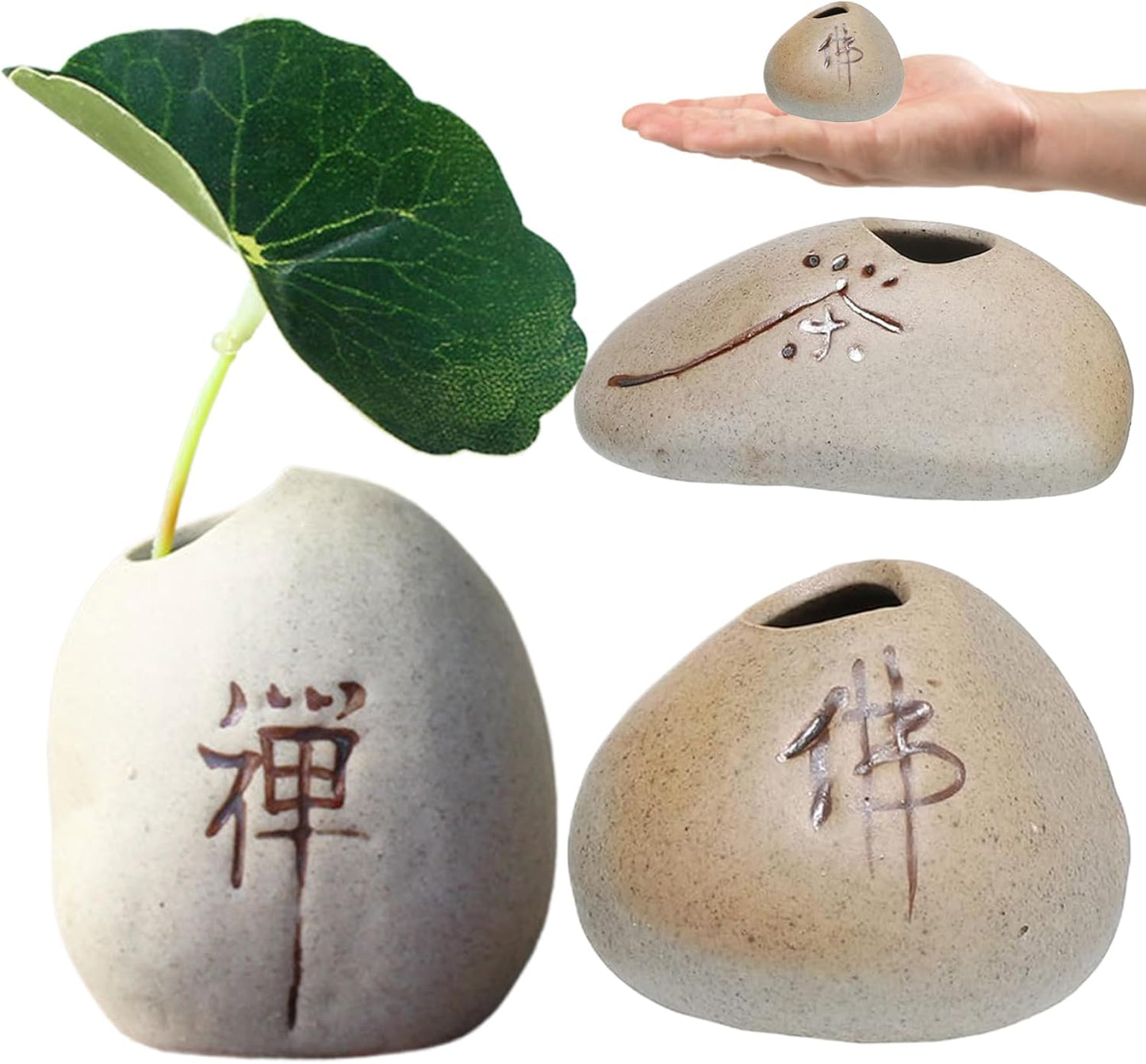 Mini Pots, Mini Planter 3Pcs Chinese Character Flower Pots Zen Stone-L