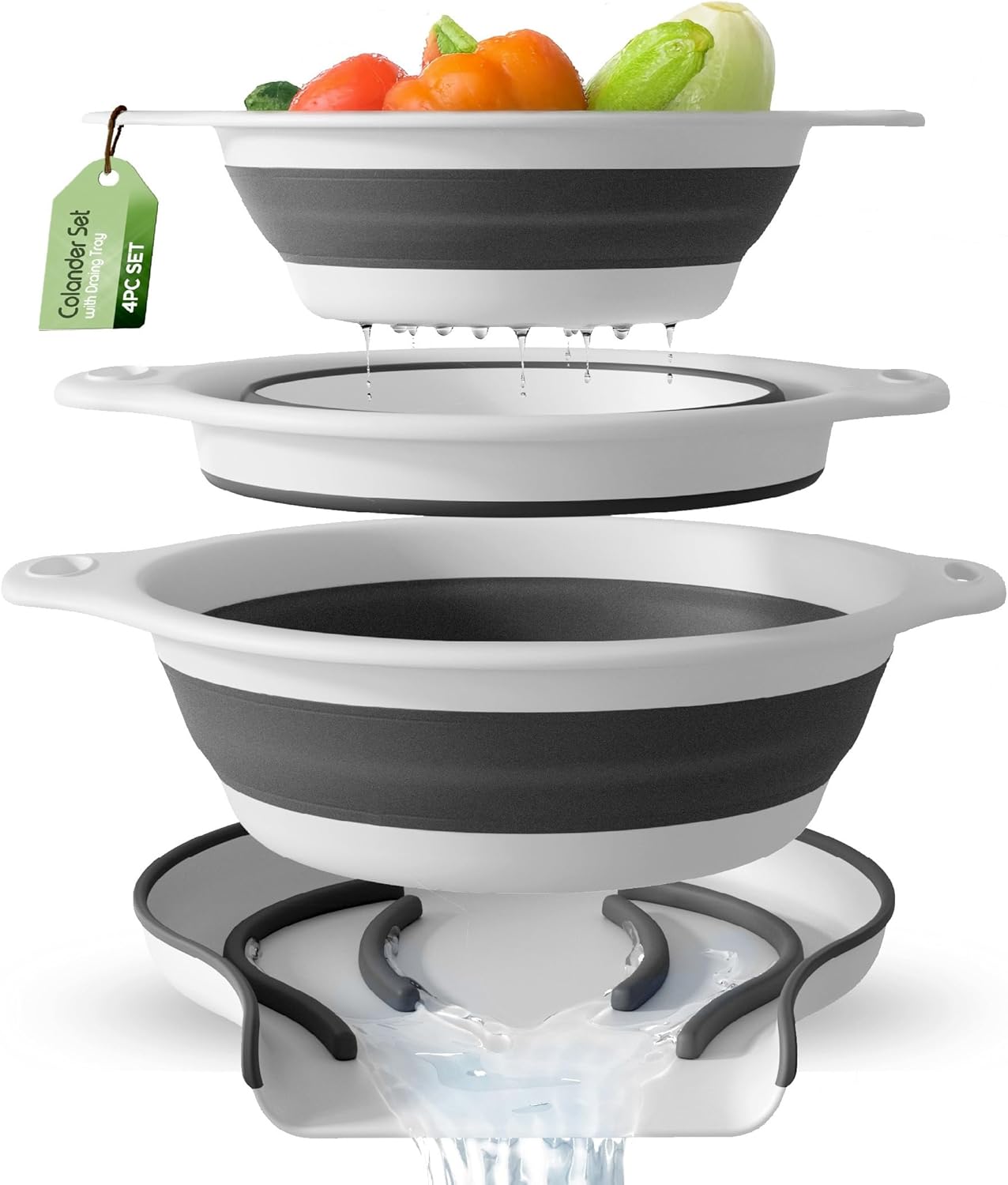 Collapsible Colanders (3 Pack Set) Food Strainers with Over-Sink Water