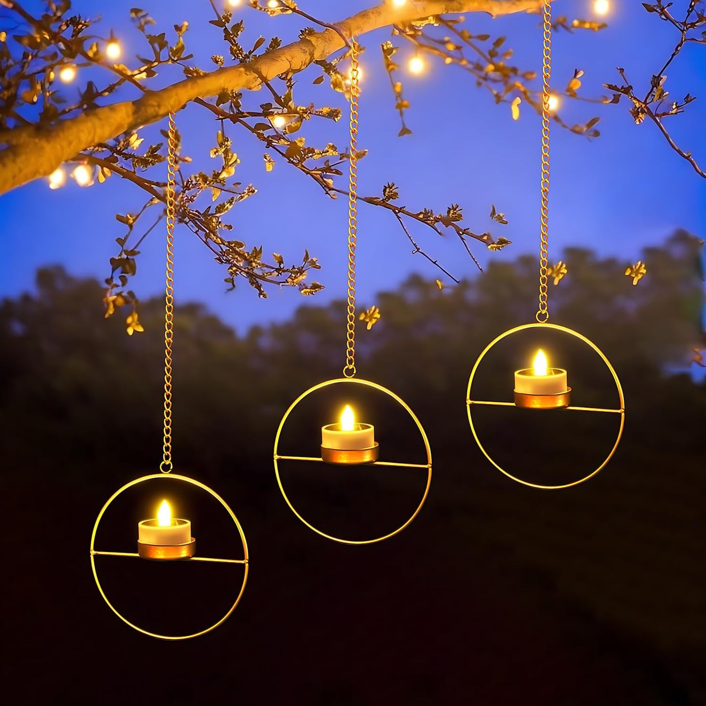 Solar Lanterns Outdoor Hanging Lights, Golden Metal Candle Holder with Solar Tea Lights Outdoor Waterproof, Solar Chandelier Ideas for Tree Gazebo Pergola Patio Garden Backyard Decor - Set of 3