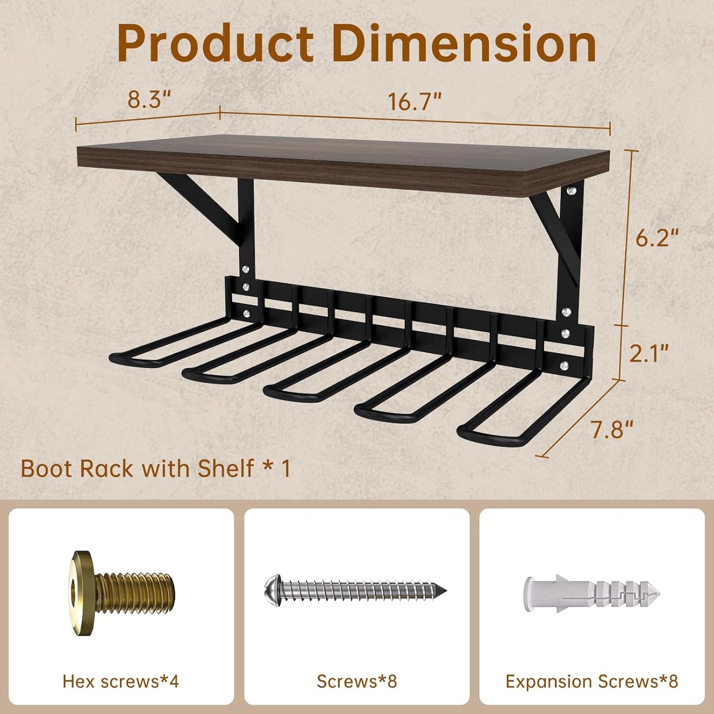 Decoroca Garden Tool Organizer With Shelf, Wall Mount Garage Tool&Boot Rack With 5 Curved hooks, Heavy Duty Wader Boot Hangers Storage Rack for Outdoor/Indoor,Garden,Garage