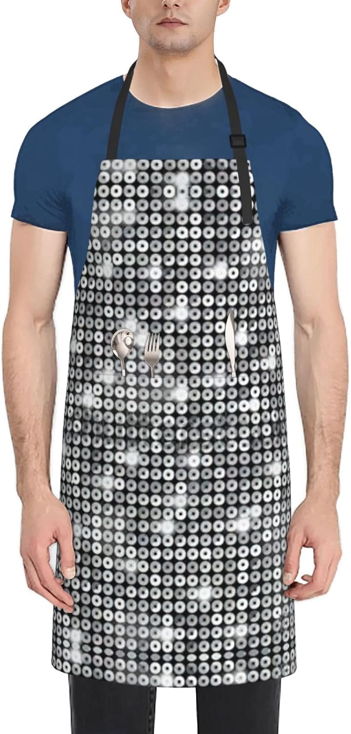 Silver Sequin Sparkle Pattern Print 28 x 33in Waterproof Apron with Pockets Fashionable Versatile Smock for Baking