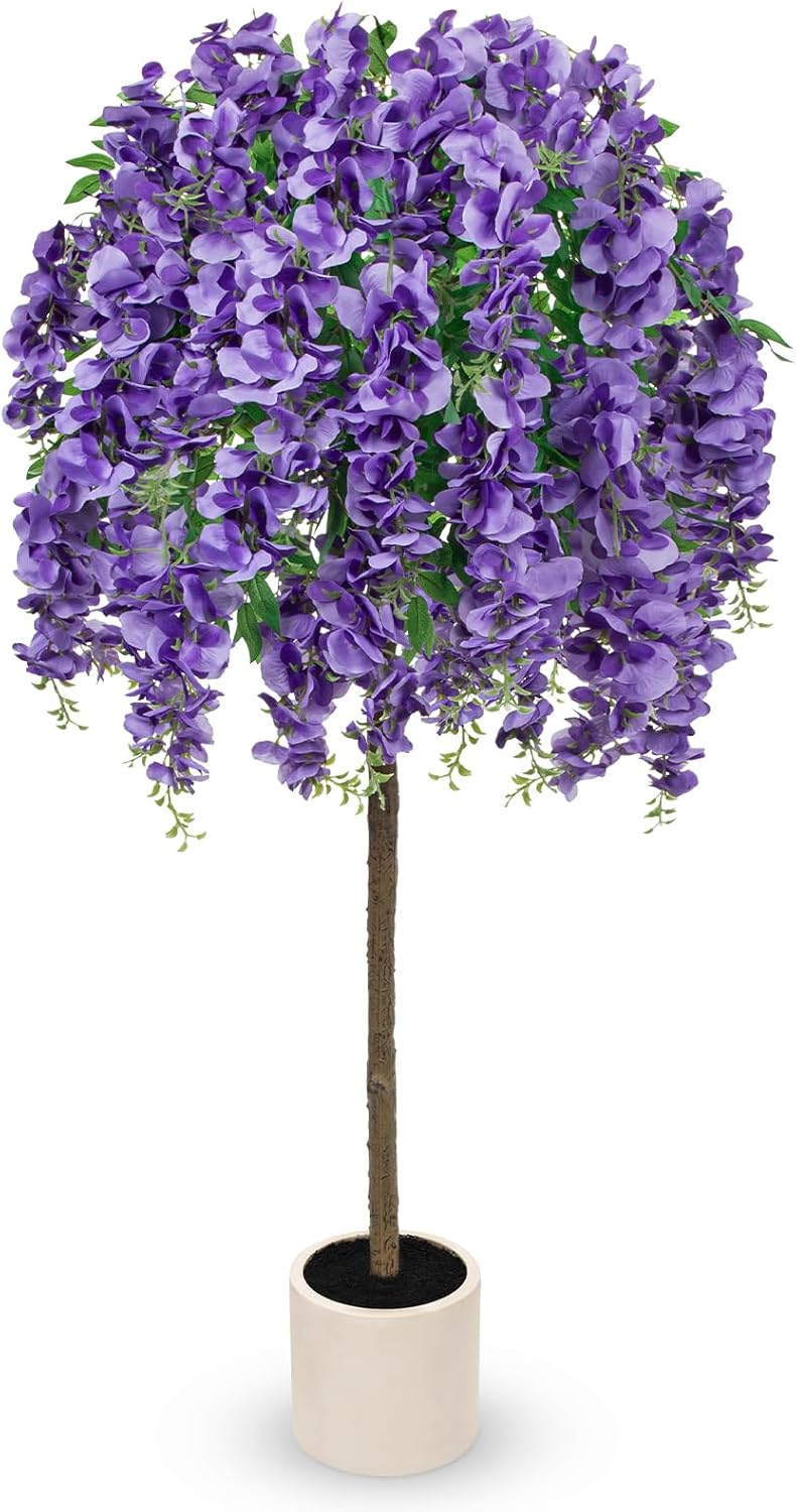 4FT Artificial Wisteria Tree in Pot, Faux Potted Floor Plant with Cascading Flowers, Realistic Fake Tree in Cream White Planter for Home Indoor Living Room Corner, Bedroom & Wedding Decor, Purple