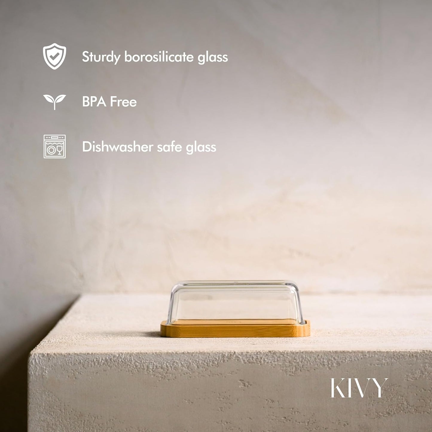 KIVY Glass butter dish with airtight lid that keeps butter soft - For countertop and refrigerator door shelf - Butter tray with lid fridge - Butter holder for counter - Covered butter dishes