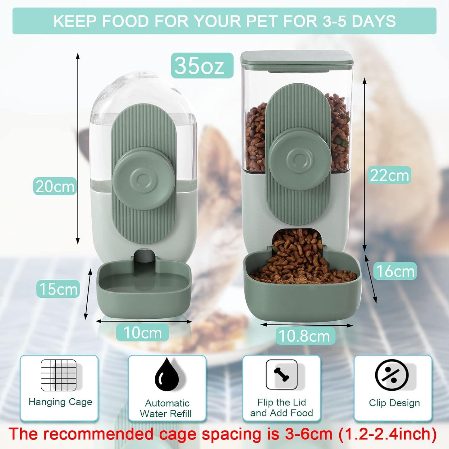 Hanging Automatic Food and Water Dispenser, Gravity Rabbit Feeder Set,