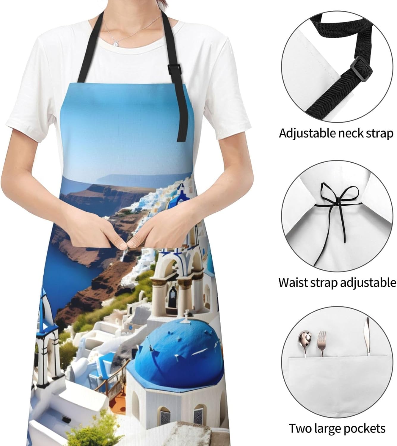 Greek Island sea View print Waterproof apron with pocket adjustable cooking apron for adult kitchen bibs to bake