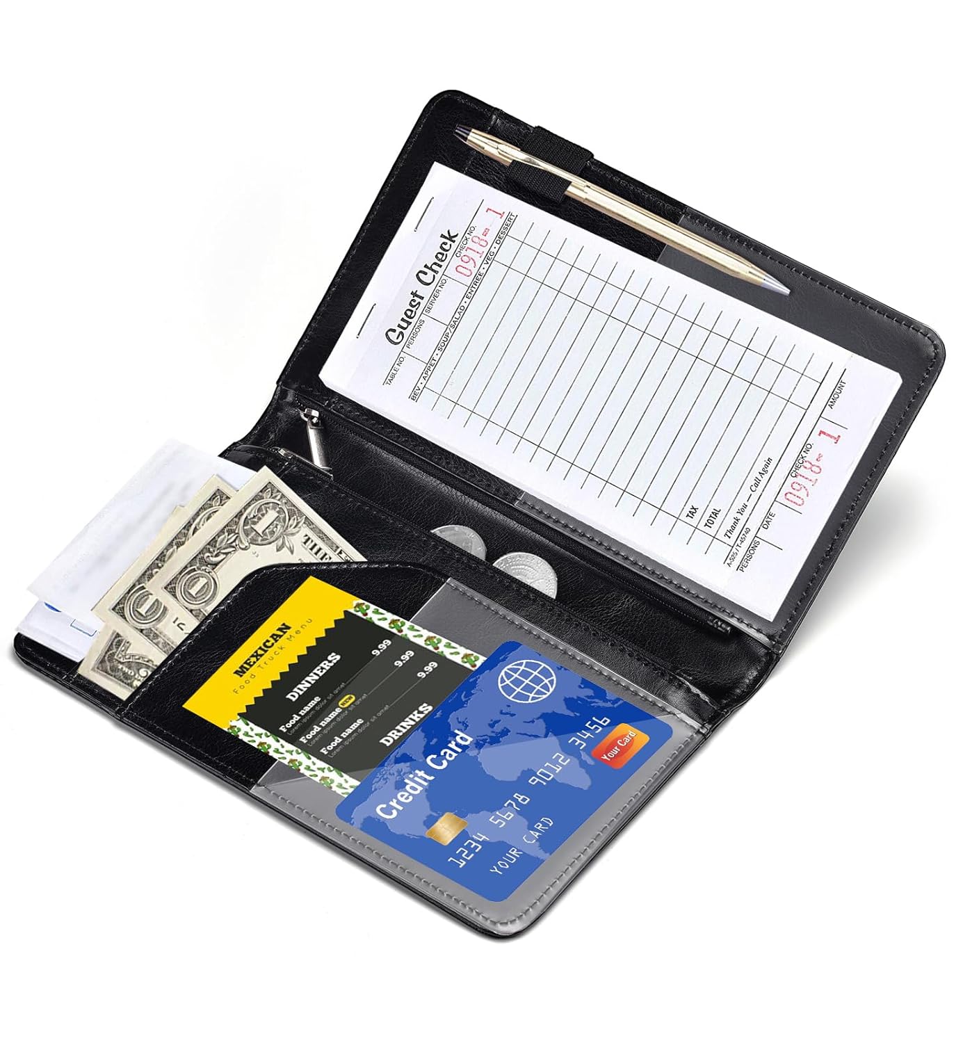 Server Books for Waitress - Leather Waiter Book Server Wallet with Zipper Pocket, Cute Waitstaff Organizer with Money Pocket Fit Waitress Apron（Classic Black）