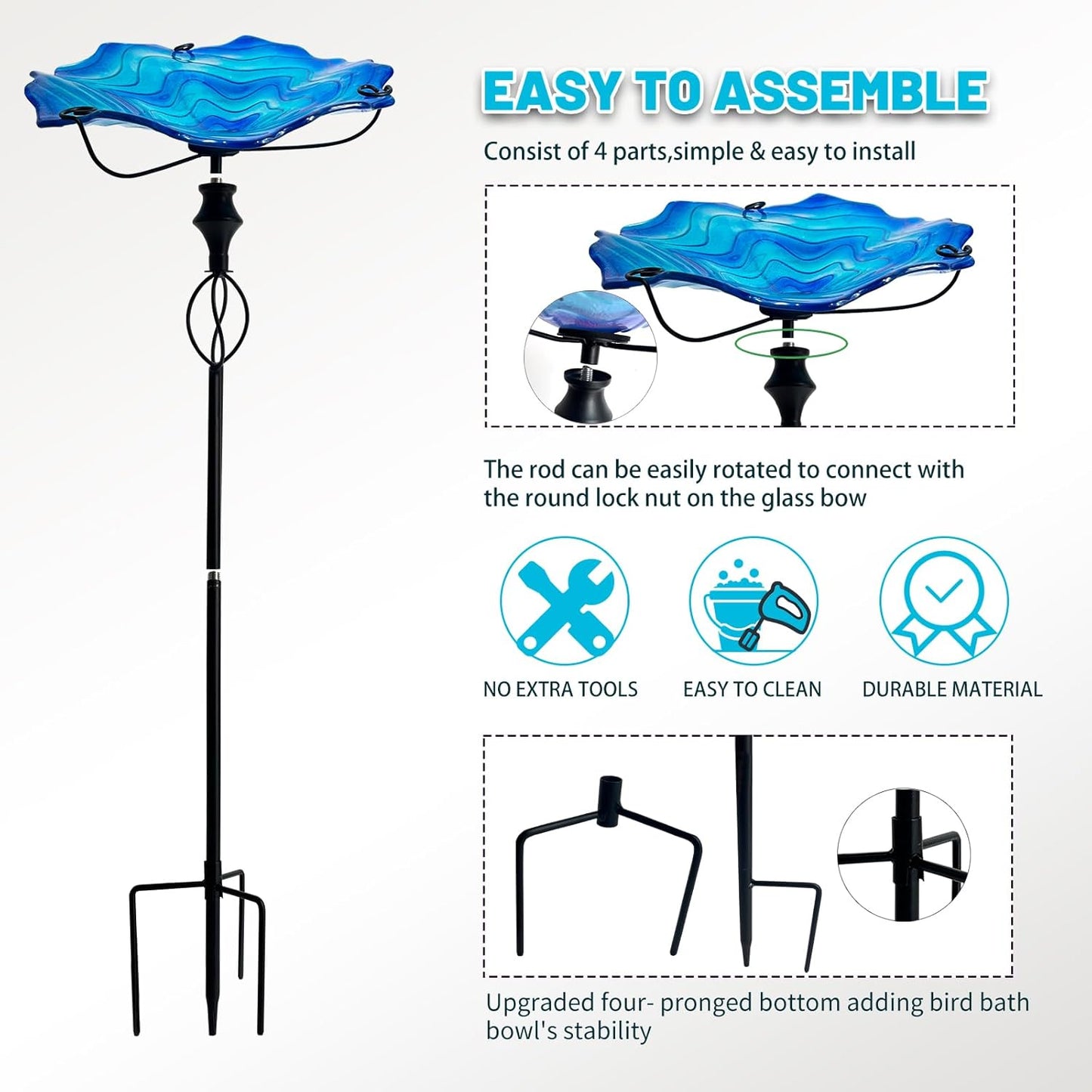 HONGLAND Bird Baths for Outside,11" Small Blue Glass Birdbaths Outdoor