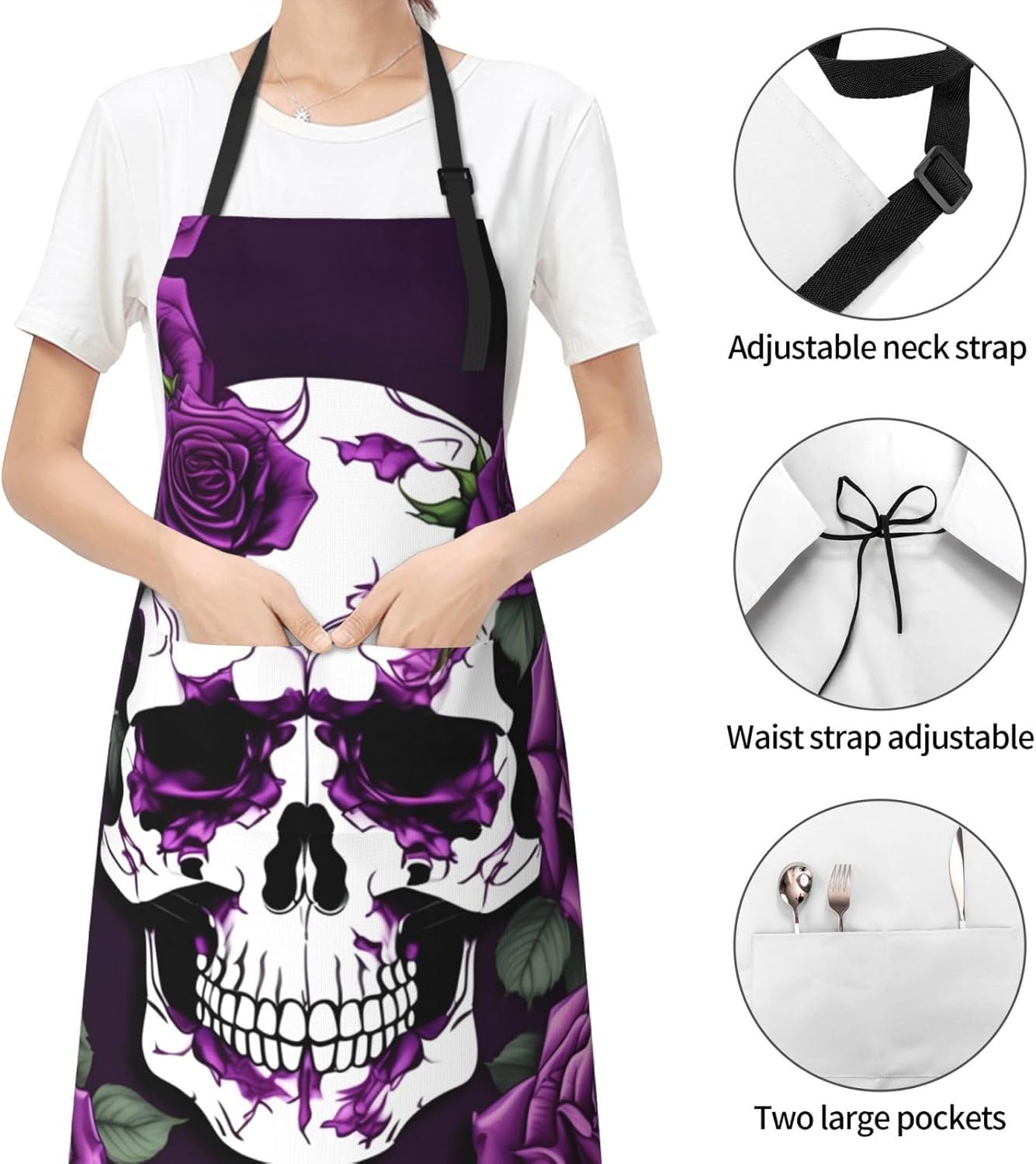 Purple Rose skeleton Print 28x33 In Adult Kitchen Apron with Pockets Versatile Chef Smock for Cooking Baking