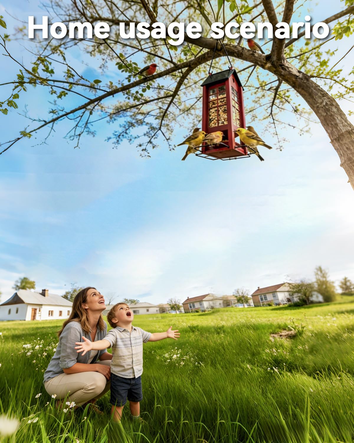 Hanging Bird Feeder for Outdoors, Metal Bird Seed Feeder with Roof, Large Capacity Wild Bird Feeder for Garden Yard Patio, Squirrel Resistant Easy Refill Bird Feeder