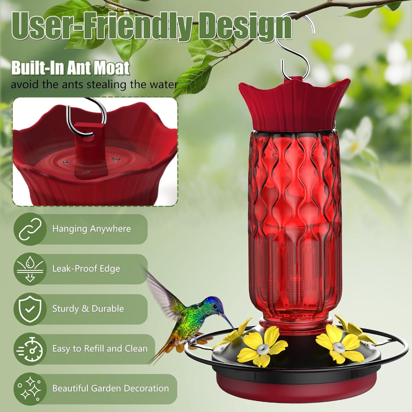 Hummingbird Feeders for Outdoors, Hanging Hummingbird Feeder with 5 Fl