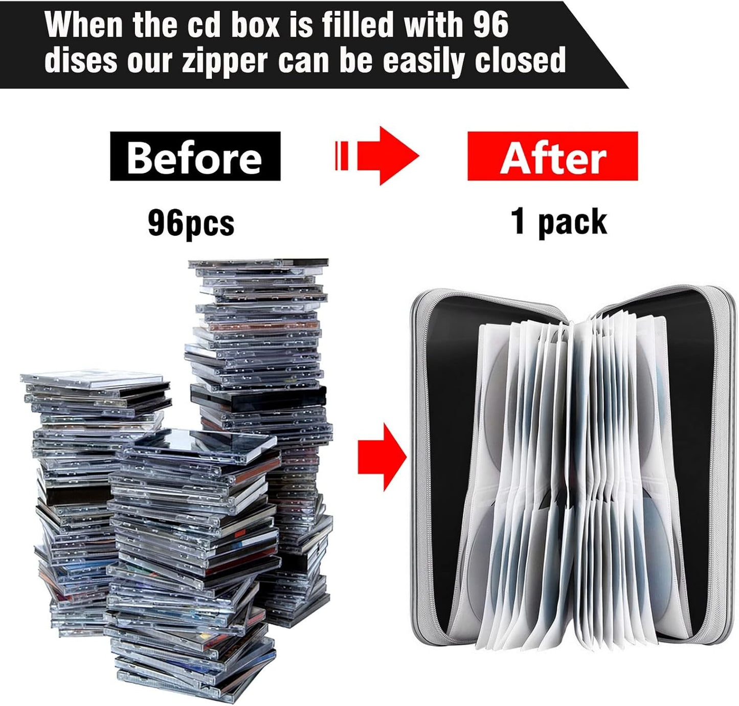 CD Case, DVD Case Holder 96 Capacity Hard Plastic CD DVD Disc Cases Storage Binder Wallet for Car Home Office Travel (Black)
