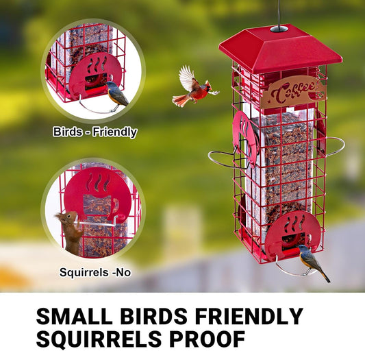 Squirrel Proof Bird Feeders for Outdoors Tube Metal Mesh Hanging Bird Seed Feeder for Outside Pole Weight -Activated & 4 Adajustable Perschs 2.2 lbs Capacity (Red)