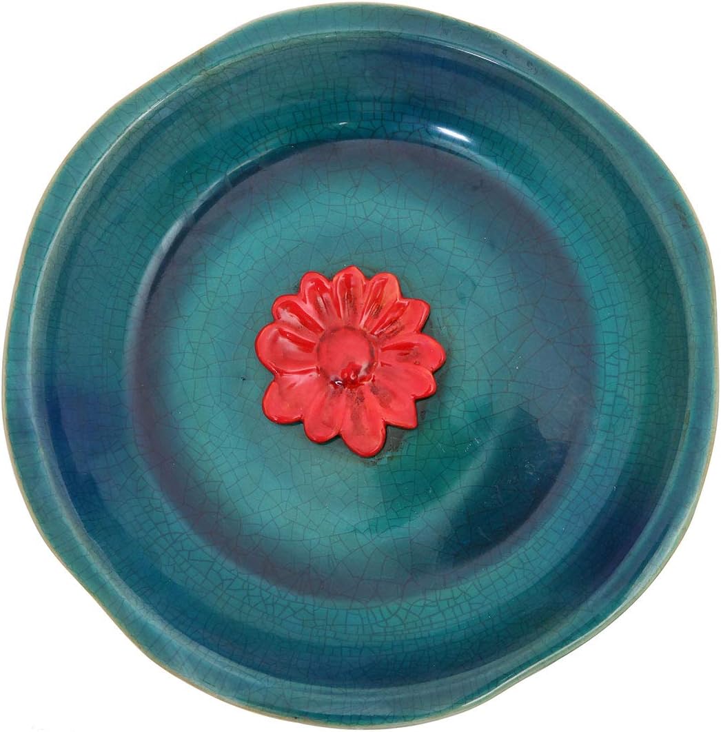 DUSVALLY Birdbath Ceramic Bowl Decor for Bee Bird for Outside, Bird Bath Bowl Vintage Decoration for Garden and Patio, Blue with Red Flower