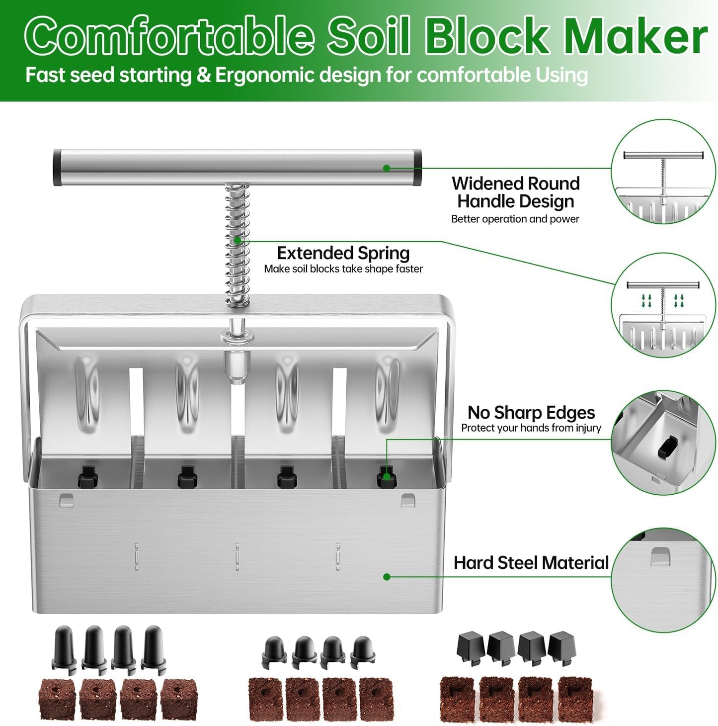Soil Blocker, 4 Cell Soil Block Maker 2 Inch with 3 Sizes Seed Pins, S