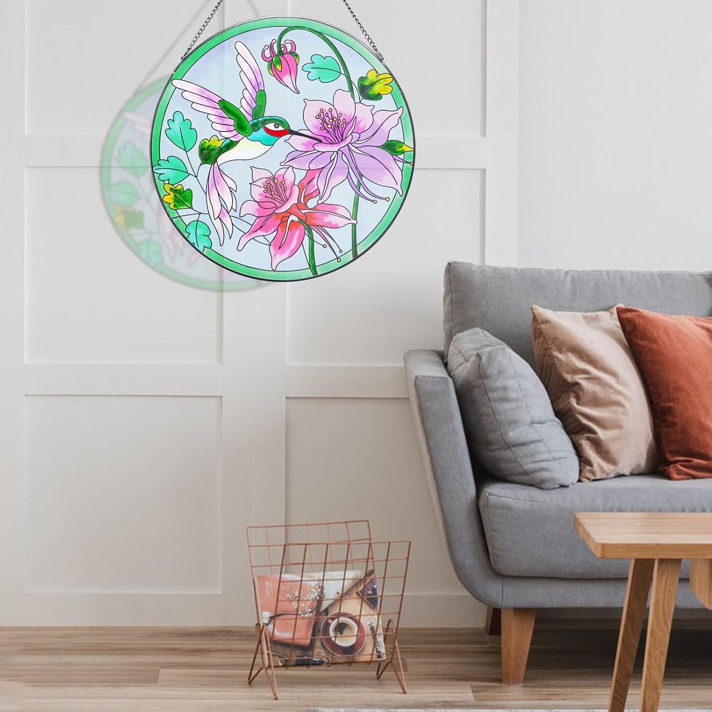MUMTOP Hummingbird Stained Glass Window Hanging 12 Inch Large Colorful Bird Flower Suncatcher Birthday Gift for Mom Grandma Bird Lovers