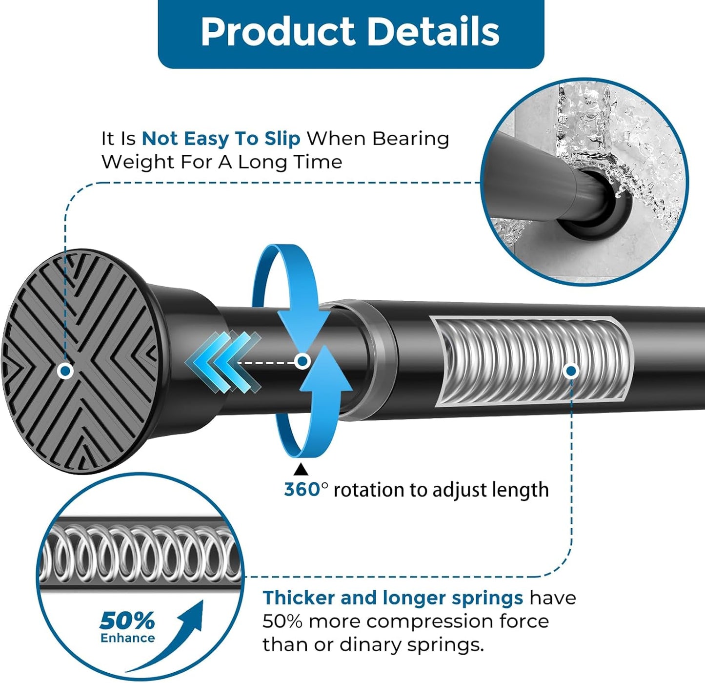 AIZESI Tension Rod 24 to 46 Inch, 1Pcs Black Tension Curtain Rod, Adjustable Spring Tension Rod No Drilling for window，kitchen，closet，doorway