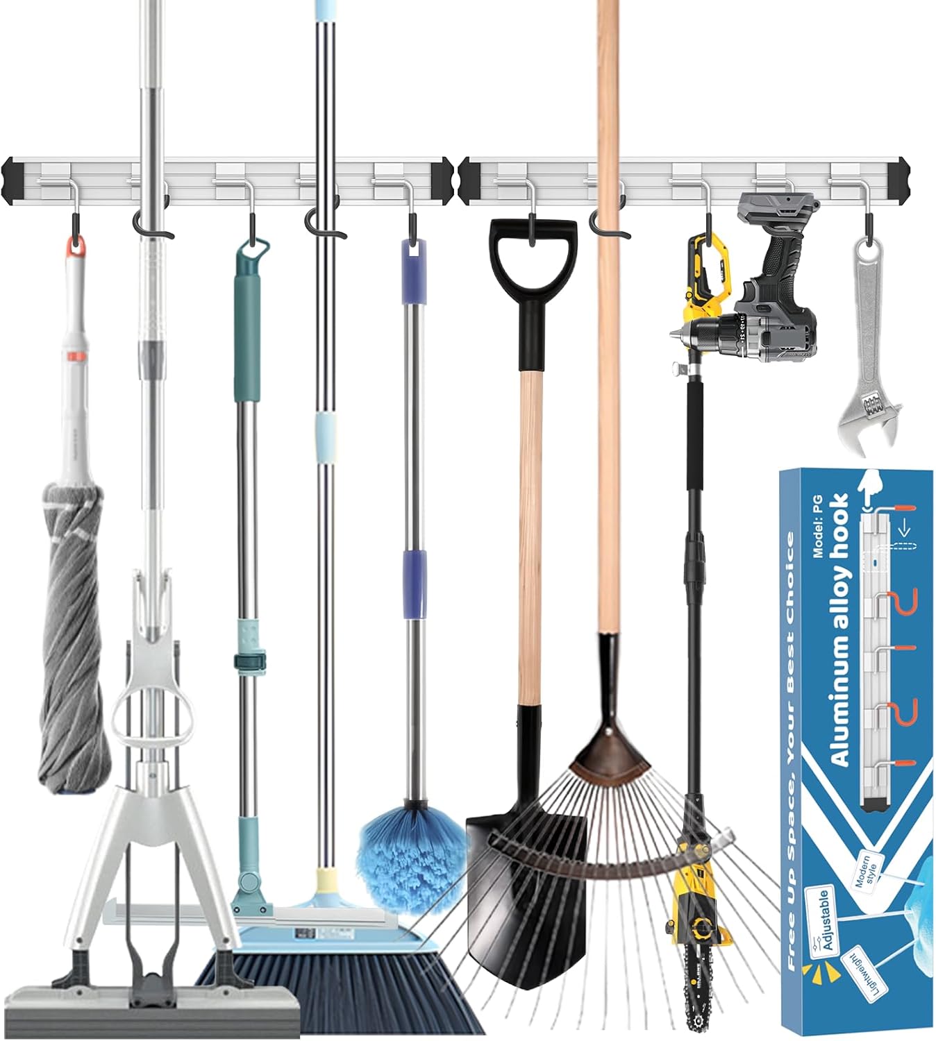 Mop and Broom Holder Wall Mount Garden Tool Rack Organizer, Modern Sty