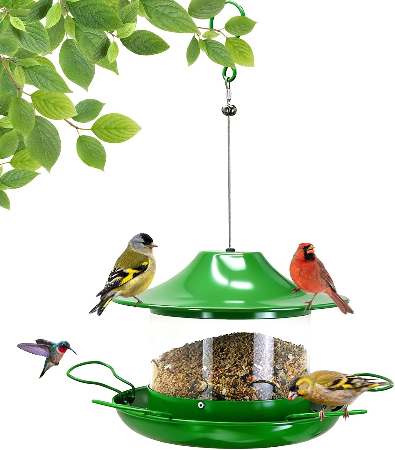 Outdoor Hanging Bird Feeder Visible Metal Construction for Durability 1.8L Capacity Multi-Hole Seed Tray Multiple Feeding Stations Green Color Adjustable Hanging Design Easy-Fill lid (Green)