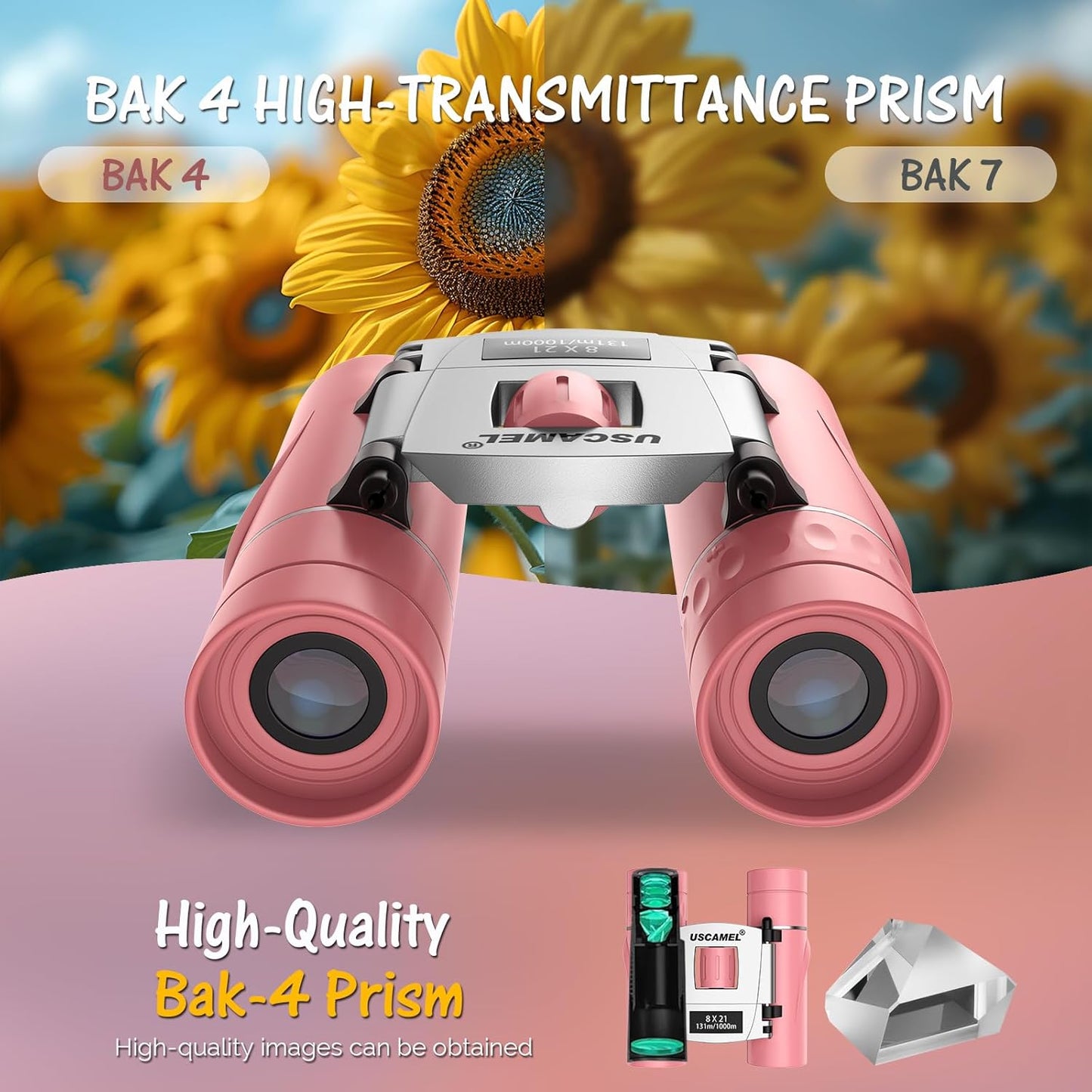 USCAMEL Compact Binoculars for Kids 4-8: 8x21 Small Binoculars Pink Bird Watching Bak4 Prisms - for Boys Girls Travel Outdoor Hiking