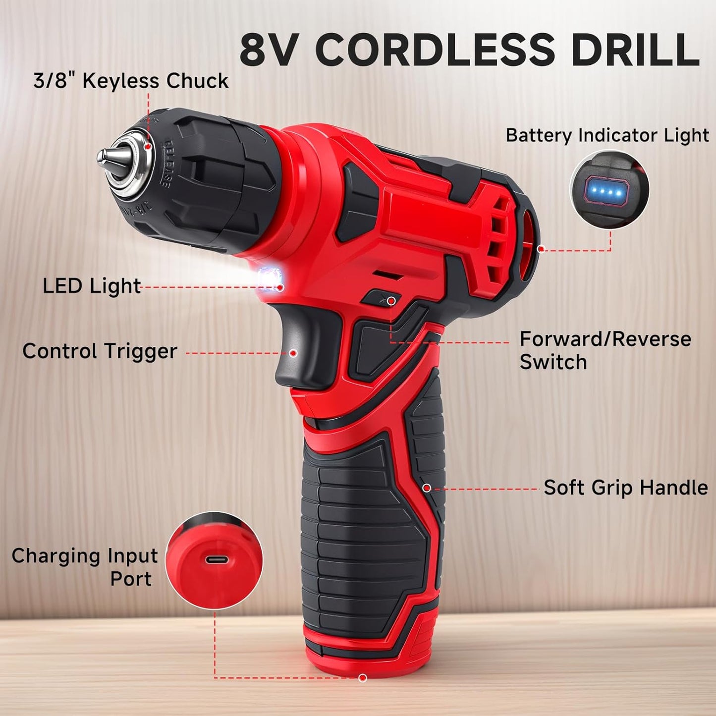 Tool Set - 8V Cordless Drill Set, 132 Piece Home Tool Set With Hand Dr