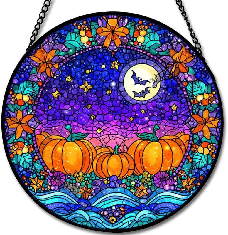 Halloween Pumpkins Bats Stained Glass Window Hanging - Sun Catchers In
