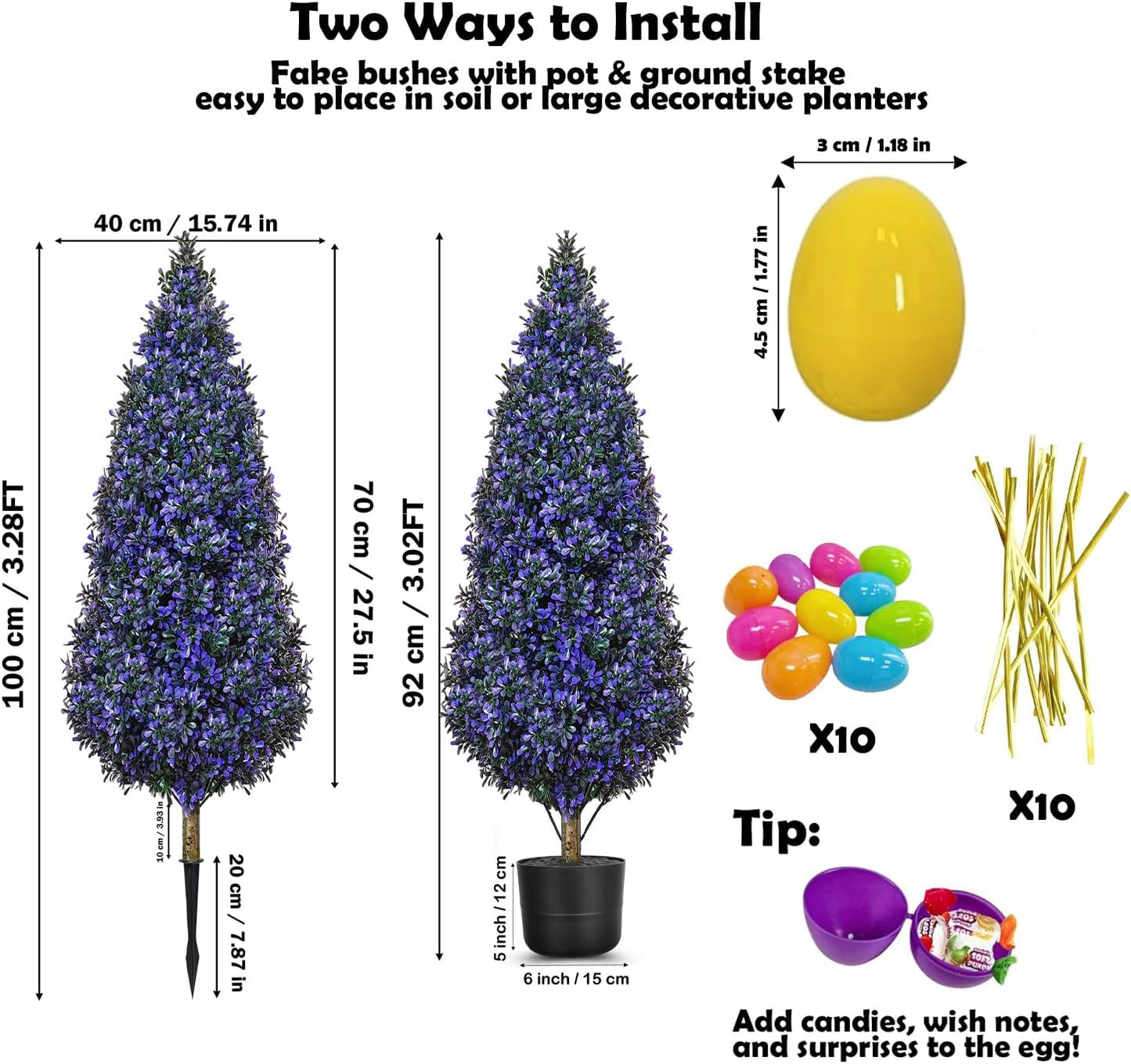 Easter Artificial Topiary Lavender Tree Plants Tree with Coloful Eggs, 3FT Outdoor Fake Boxwood with Planter & Spikes, UV Resistant Faux Greenery for Indoor Porch Office Spring Decor- Purple
