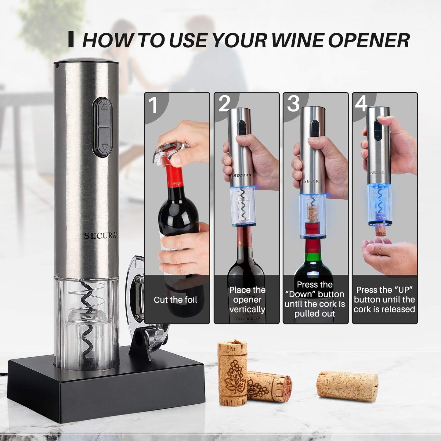 Secura Electric Wine Opener, Automatic Electric Wine Bottle Corkscrew 