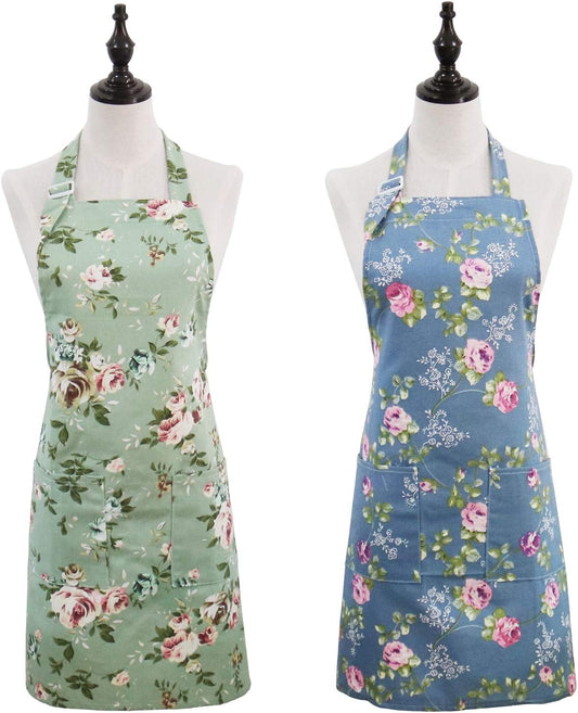 Floral Aprons for Women, 2 Pack Kitchen Aprons with Pockets for Cookin